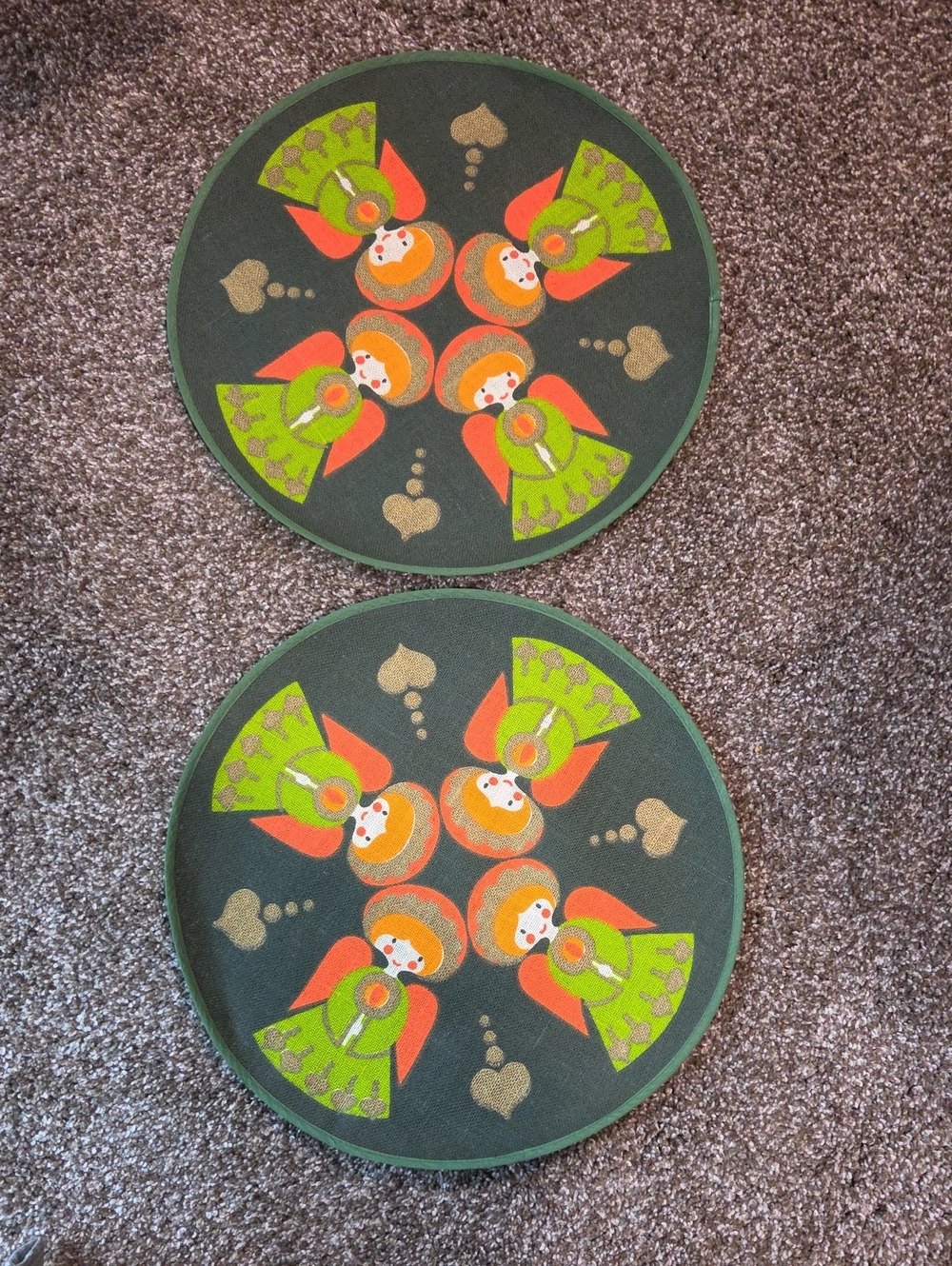 Vintage 1970s Sodahl Design Green and Orange Angel Round Placemats - Set of 2